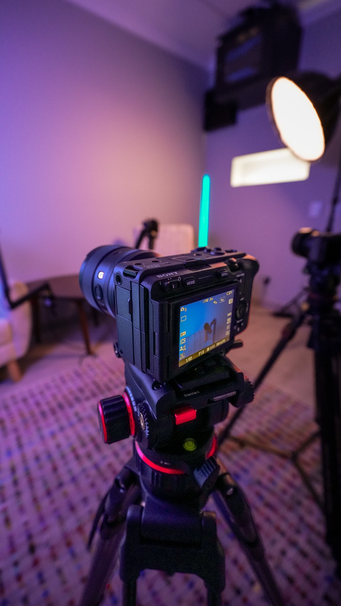 Professional cinema camera from rear showing LCD monitor