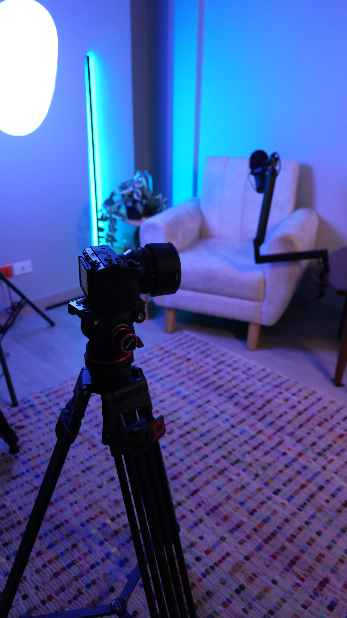 Side angle showing camera perspective of podcast set