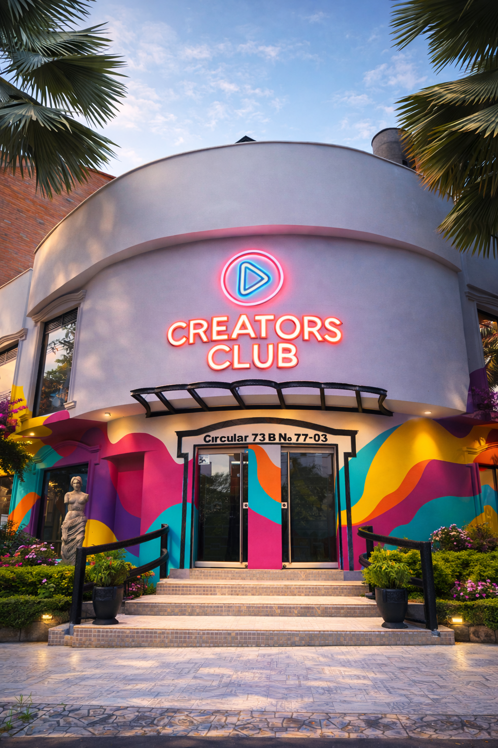 Creators Club exterior with neon sign and colorful murals